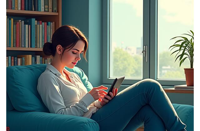 O persoană citind un e-book pe tabletă, înconjurată de cărți și materiale educationale, simbolizând o bibliotecă digitală