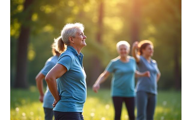 Seniori zâmbitori practicând exerciții ușoare în aer liber, simbolizând mobilitatea la vârsta a treia