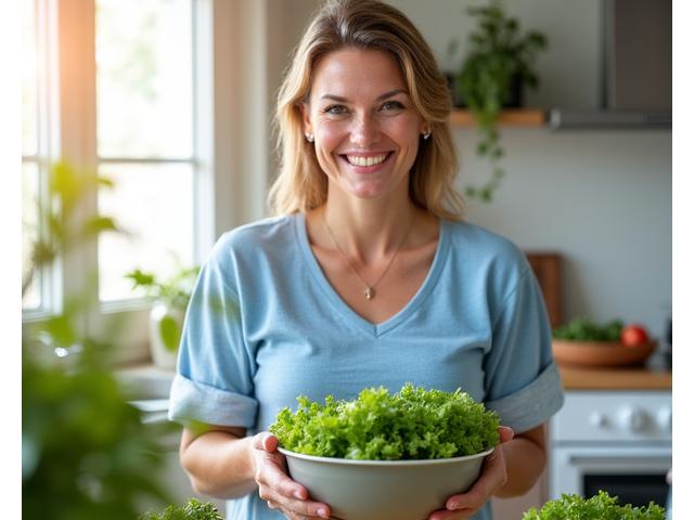 Femeie zâmbind, pregătind o salată proaspătă, ilustrând un stil de viață sănătos și echilibrat.