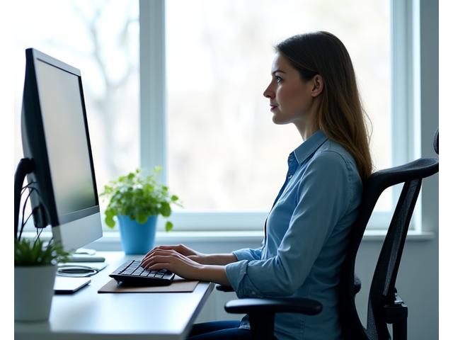 O persoană lucrând la un birou ergonomic, cu o postură corectă, evidențiind importanța ergonomiei pentru sănătatea spatelui.