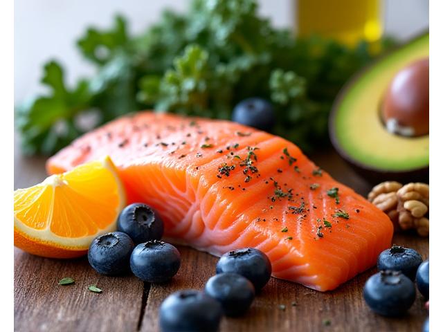 Alimente bogate în omega-3 și antioxidanți: somon, avocado, fructe de pădure, nuci și legume verzi.