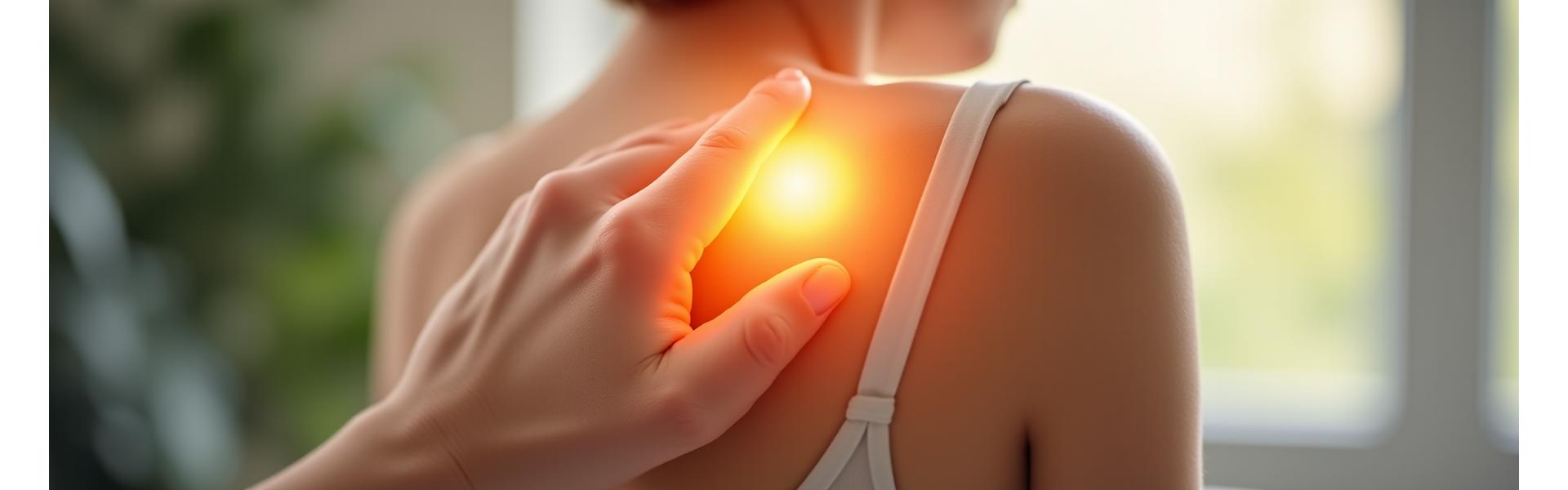 Mână care atinge o articulație dureroasă cu efect de ameliorare luminescentă