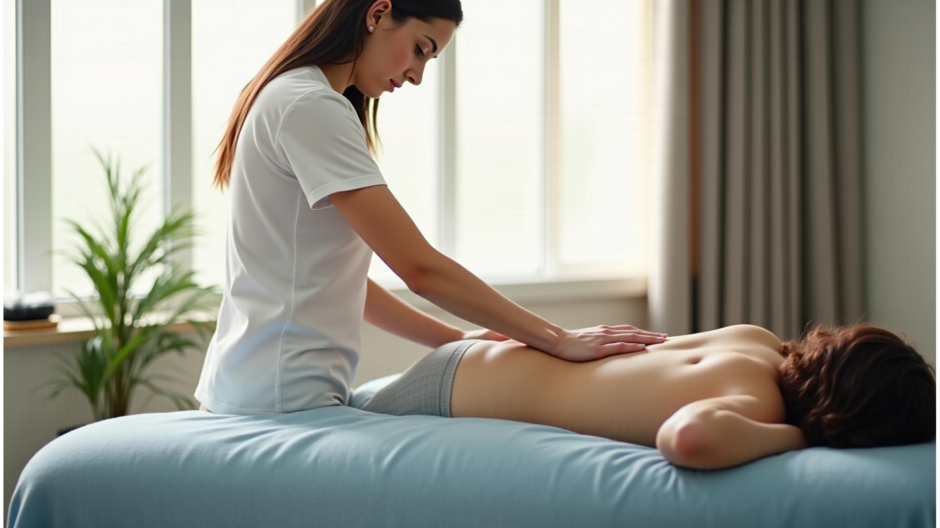 O terapeută masează delicat spatele unui client într-un ambient cald și relaxant, cu lumină naturală și elemente de decor calmante.