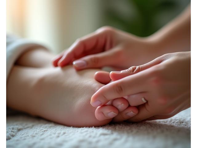 Prim-plan pe tălpile picioarelor, unde un terapeut aplică presiune pe punctele reflexogene, ilustrând reflexoterapia.