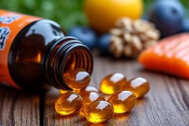Capsule de ulei de pește bogate în Omega-3, așezate lângă pește proaspăt și diverse fructe de pădure, simbolizând surse naturale de antioxidanți.