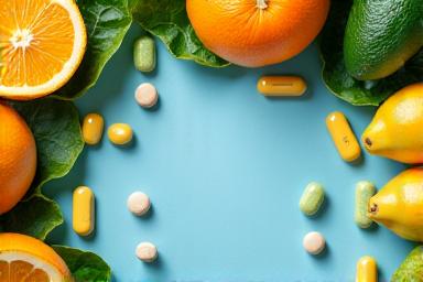 Diverse pastile vitaminice și minerale colorate, aranjate lângă fructe și legume proaspete, indicând surse naturale și sintetice.
