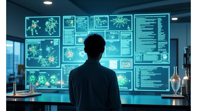 Un om de știință atent examinează date complexe pe un ecran mare, într-un laborator modern, simbolizând cercetarea bazată pe evidențe.