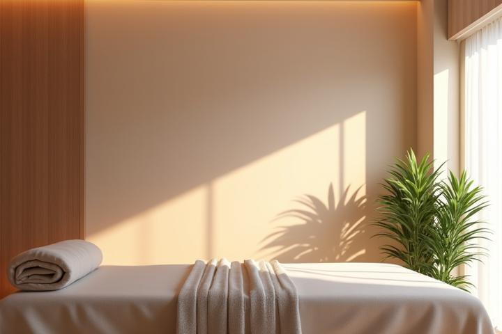 O cameră de masaj cu lumini slabe, lumânări aromate și un pat de masaj pregătit, emanând o atmosferă relaxantă.