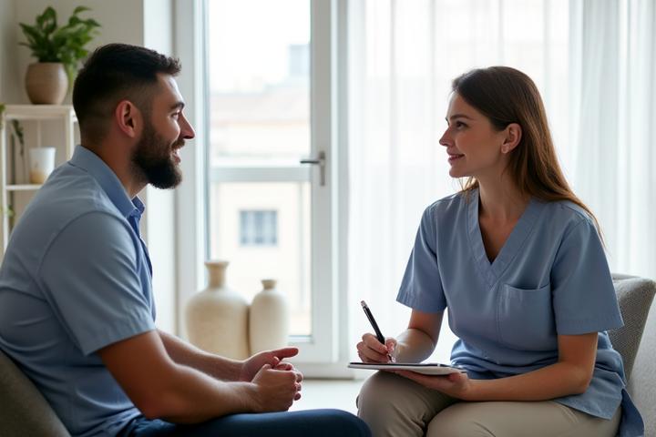 Terapeut discutând cu un client într-o cameră de consultații, notând detalii medicale.