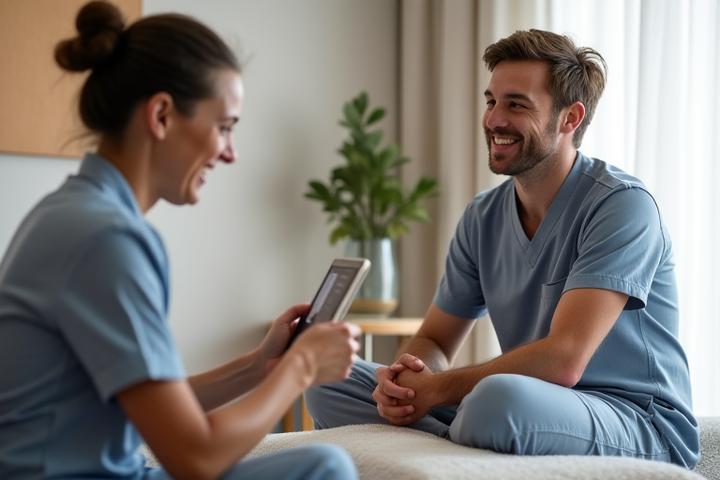Terapeut oferind sfaturi unui client zâmbitor după o sesiune de masaj, indicând o broșură cu recomandări.