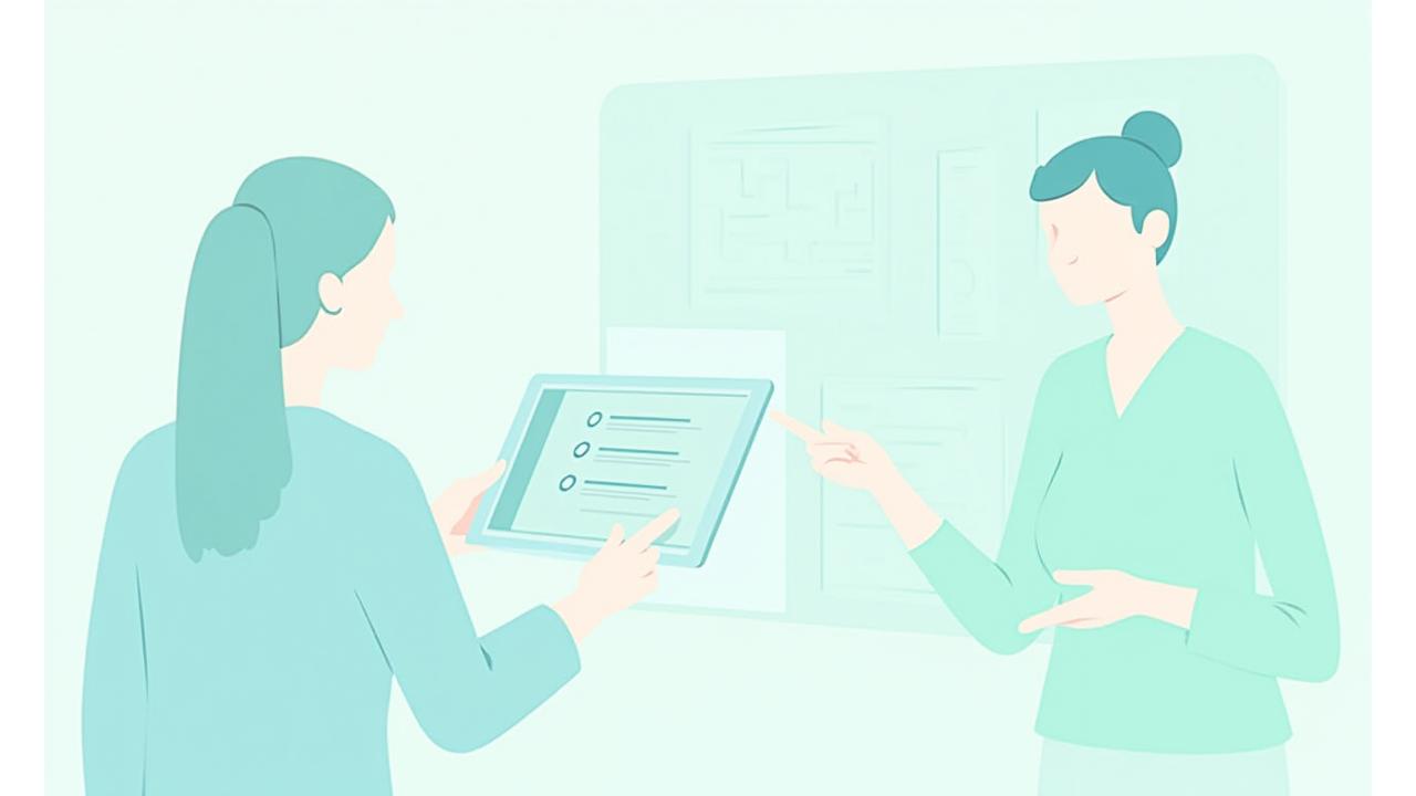 Ilustrație cu un formular de întrebări și un doctor care analizează date, sugerând un proces de calificare